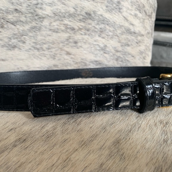 Black patent, croc effect belt. Brass colored buckle, 36” long. - Picture 2 of 5